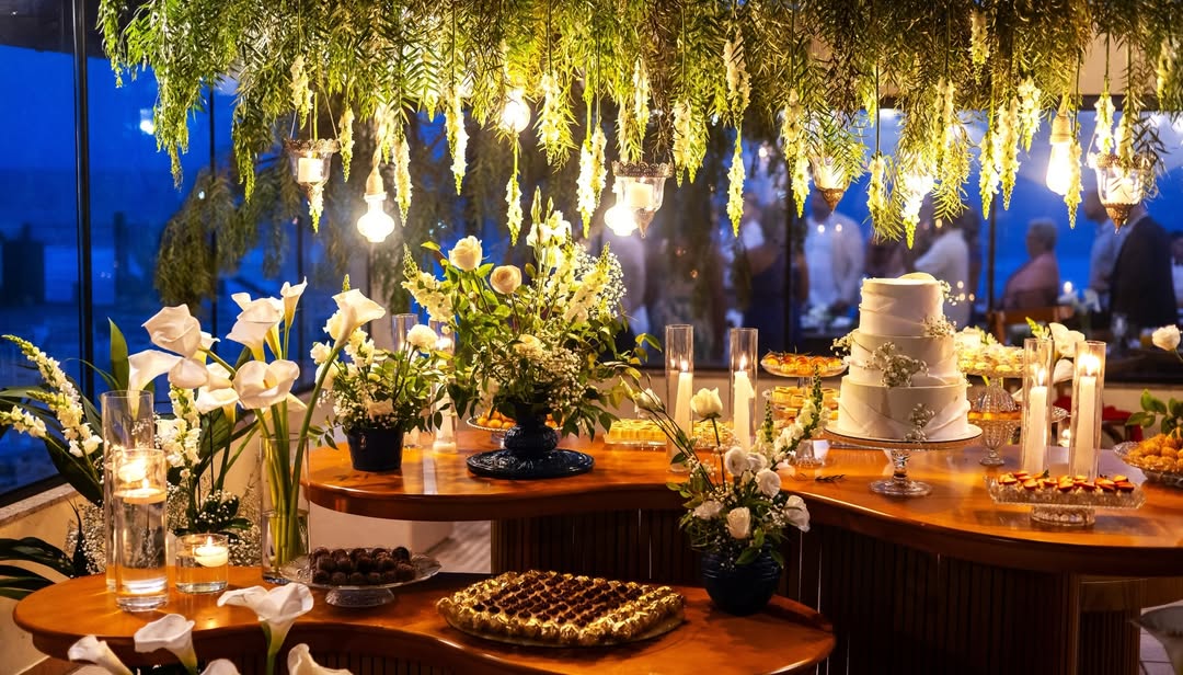 Mesa de doces iluminada com flores brancas e velas